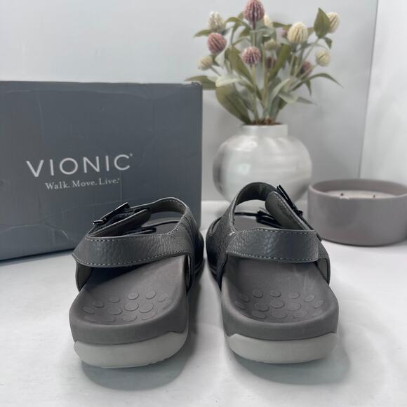 Vionic Albie Strappy Travel Leather Sandal Gray Orthotic Women 7.5 Wide - Picture 2 of 10